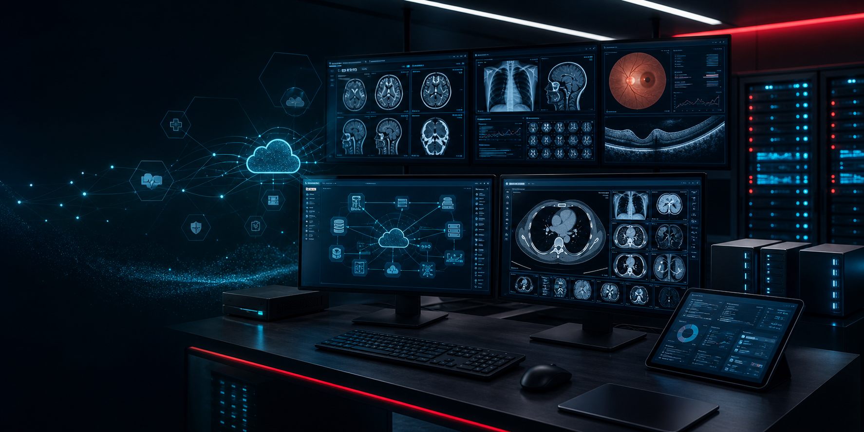 Tecnologia em saúde com computadores, radiologia, oftalmologia, integrações, nuvem e dados hospitalares