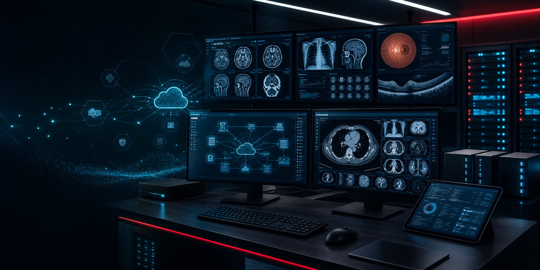 Tecnologia em saúde com computadores, radiologia, oftalmologia, integrações, nuvem e dados hospitalares
